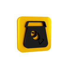 Black Online ordering and fast food delivery with fish icon isolated on transparent background. Yellow square button.