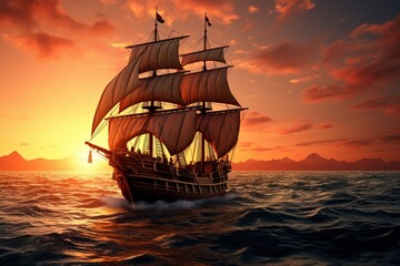 Fototapeta premium Pirate ship sailing on the ocean at sunset. Vintage cruise.