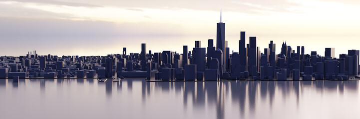 Wide angle panoramic view of lower Manhattan area of New York City during sunrise or sunset. Low poly model city with dark 3D rendered buildings. Concept of blackout, America, architecture and art. 