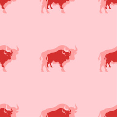 Seamless pattern of large isolated red buffalo symbols. The elements are evenly spaced. Vector illustration on light red background