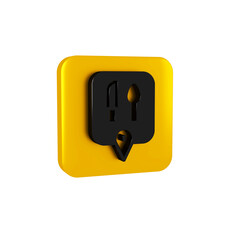 Black Cafe and restaurant location icon isolated on transparent background. Knife and spoon eatery sign inside pinpoint. Yellow square button..