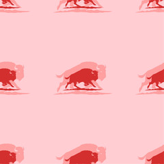 Seamless pattern of large isolated red wild buffalos. The elements are evenly spaced. Vector illustration on light red background
