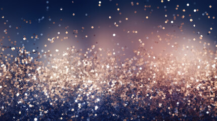 Gold glitter sequins bokeh shining festive background. Scattered sparkling and glowing confetti on blurred dark blue backdrop. Glamour holiday poster, banner for Christmas, New year, birthday party - obrazy, fototapety, plakaty