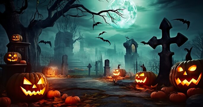Pumpkins In Graveyard In The Spooky Night, Halloween Backdrop.