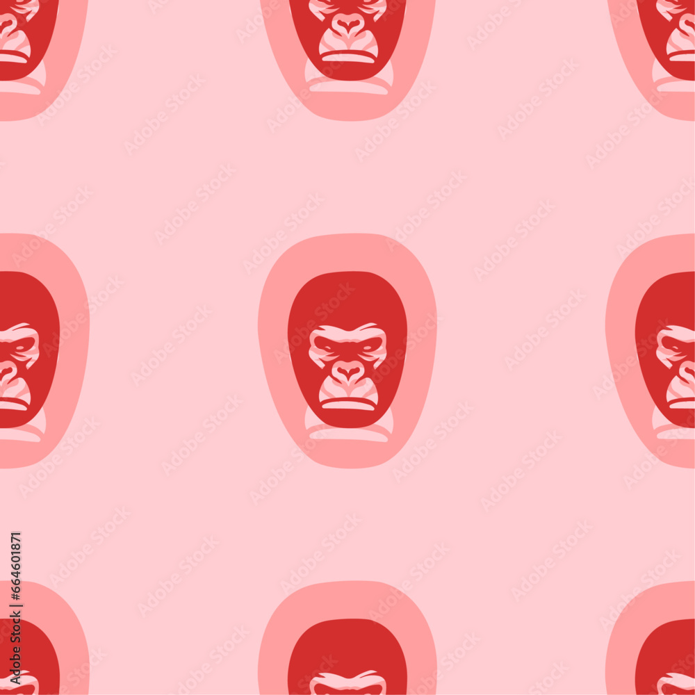 Poster seamless pattern of large isolated red gorilla heads. the elements are evenly spaced. vector illustr
