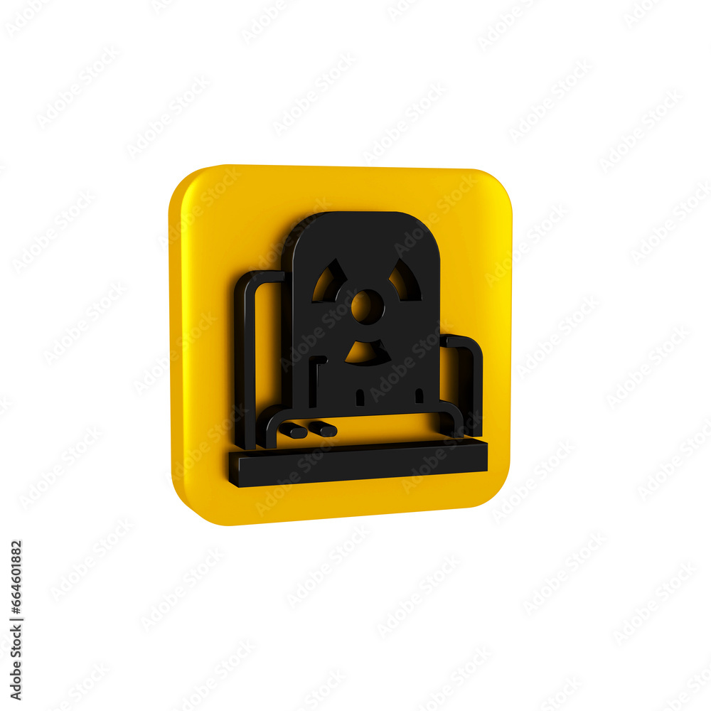 Poster black radioactive warning lamp icon isolated on transparent background. yellow square button.