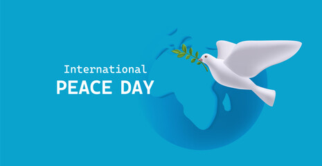 silhouette for the International Day of Peace with a dove carrying an olive branch, with earth silhouette, 3d modern illustration