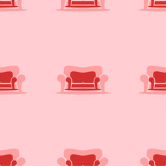 Seamless pattern of large isolated red sofa symbols. The elements are evenly spaced. Vector illustration on light red background