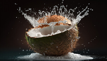 Half fresh coconut fruit on water splashing AI Generated