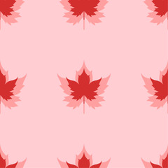 Seamless pattern of large isolated red maple leaf symbols. The elements are evenly spaced. Vector illustration on light red background
