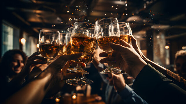 Exuberant gathering toasting their beverages, immense delight evident on their expressions