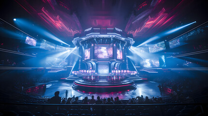 E-sports venue featuring massive screens with live gameplay, gentle blur on spectator seating