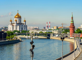 Kremlevskaya embankment and Cathedral of Christ the Savior (Khram Khrista Spasitelya), Moscow,...