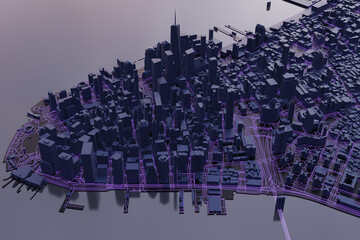 Aerial view of lower Manhattan area of New York City NY during sunset or night. Dark blue 3D rendered buildings with glowing traffic roads. Concept of internet, www, digitization or urban traffic. 