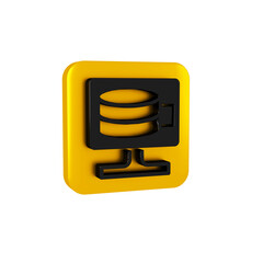 Black Cloud database icon isolated on transparent background. Cloud computing concept. Digital service or app with data transferring. Yellow square button.