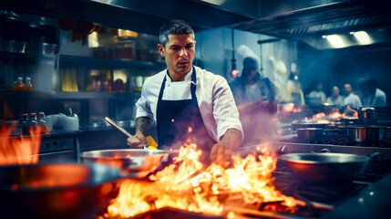 Man cooking food on grill in kitchen with flames in the foreground.