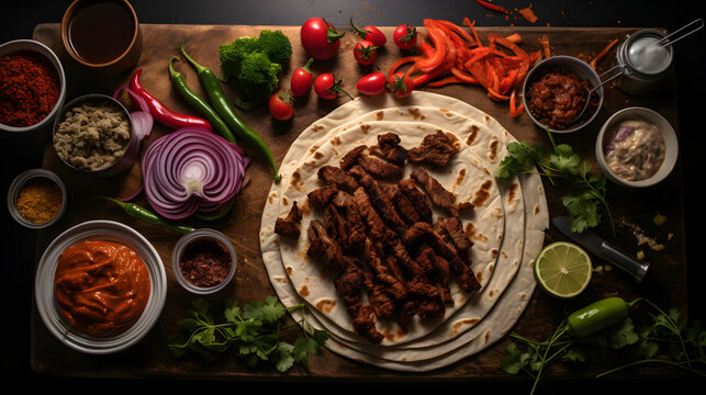 Deconstructed doner kebab durum, ingredients showcased in knolling style