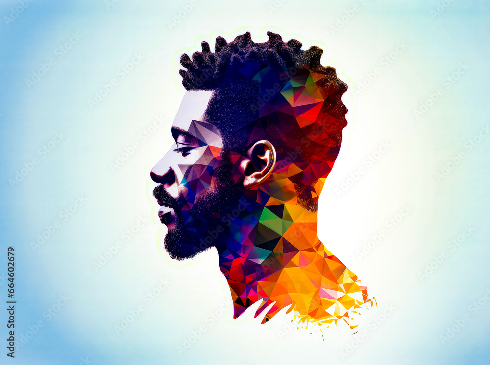 Poster man's face with multicolored geometric pattern on it.