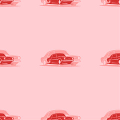 Seamless pattern of large isolated red vintage car symbols. The elements are evenly spaced. Vector illustration on light red background