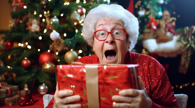 Lustiges Weihachtsbild einer Seniorin die sich mit offenem Mund und großen Augen über Ihr Weihnachtsgeschenk freut.