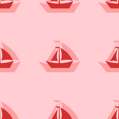 Seamless pattern of large isolated red sailing boat symbols. The elements are evenly spaced. Vector illustration on light red background