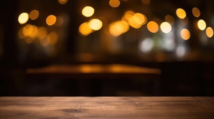 Empty wood table top on blur light gold bokeh of cafe restaurant in dark background 