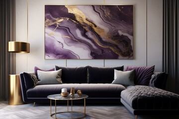 An elegant abstract artwork in dark purple and black with marble swirls and agate ripples. The design has a luxurious and natural texture, with gold powder accents. Generative AI