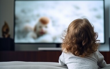 A child is watching TV in a modern interior of a white room