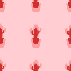 Seamless pattern of large isolated red cactus symbols. The elements are evenly spaced. Vector illustration on light red background