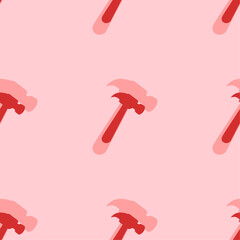 Seamless pattern of large isolated red hammer symbols. The elements are evenly spaced. Vector illustration on light red background