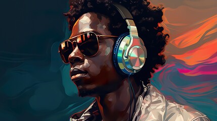 illustration of black african american man listening music in headphones
