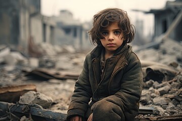Poor homeless child on the background of the destroyed building. Poverty and destruction concept. ai generative