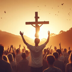 back view Crowd of people worshiping the cross. ai generative