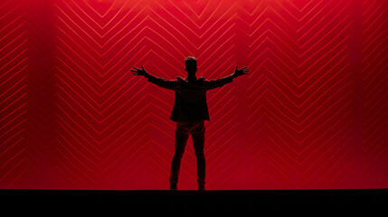 Fototapeta na wymiar fashion studio shot of black man on red background, rapper or singer artist on stage