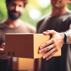 Obraz premium close up hands and box Delivery man delivering holding parcel box to customer. ai generative