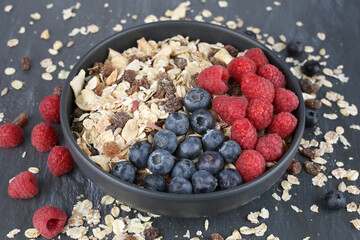 Muesli with raspberries and blueberries