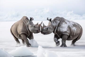 Obraz premium Two Rhinoceros getting ready for fight on Ice.