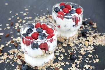Muesli with raspberries and blueberries