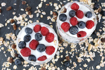 Muesli with raspberries and blueberries