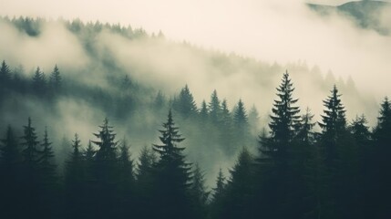 Fototapeta na wymiar Misty landscape with fir forest in hipster vintage retro style 