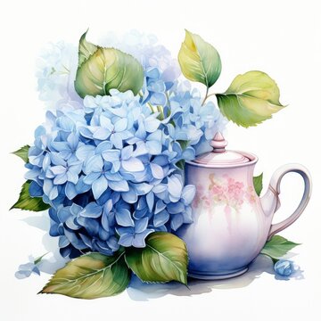 Watercolor hydrangeas in teapot isolated on white background.