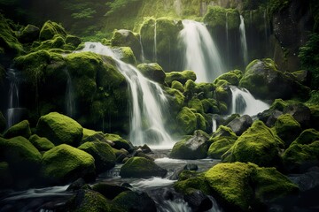Waterfall landscape with rocks covered in green moss.
