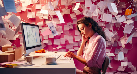 Woman sitting at desk with computer in front of wall of sticky notes. - obrazy, fototapety, plakaty