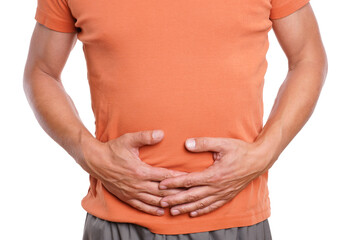 man with stomach pain on white background