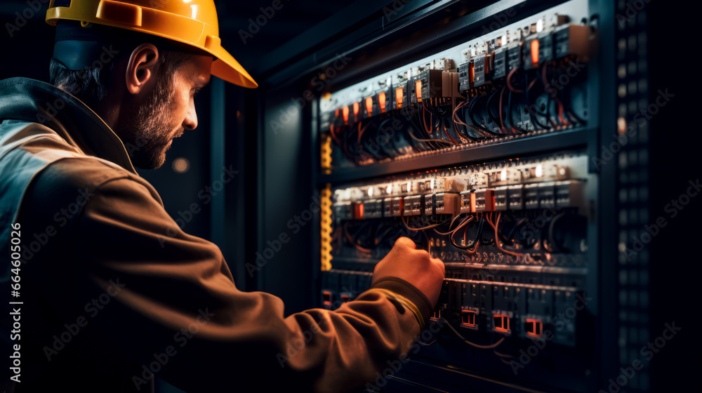 Poster man in hard hat is working on switch panel in dark room.
