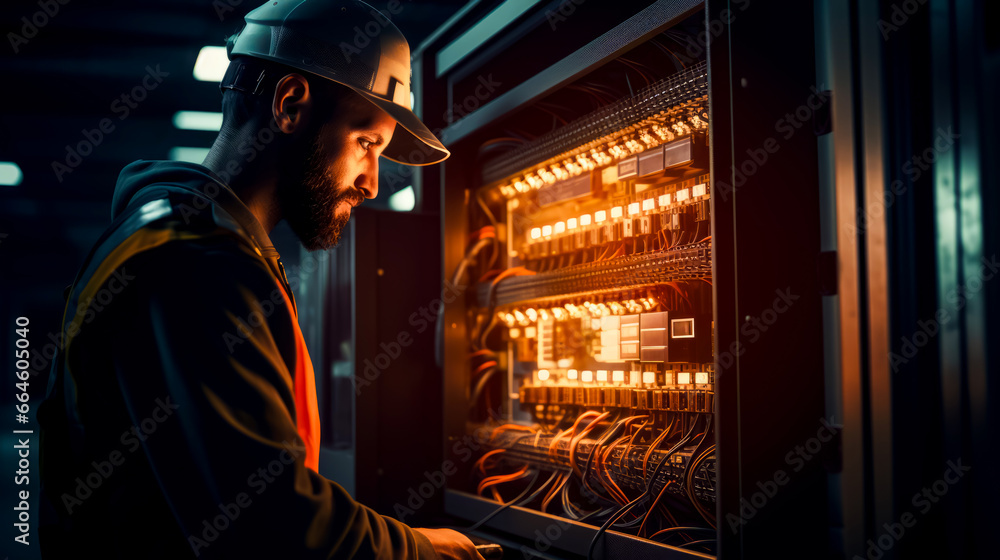 Poster man in hard hat is looking at switch panel with many wires.