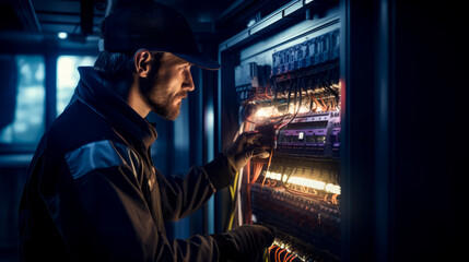 Man in hat is working on electrical panel in dark room. - obrazy, fototapety, plakaty