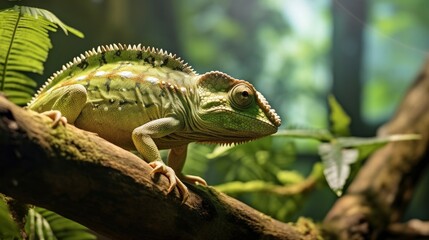 Chameleon reptile perches on a branch.