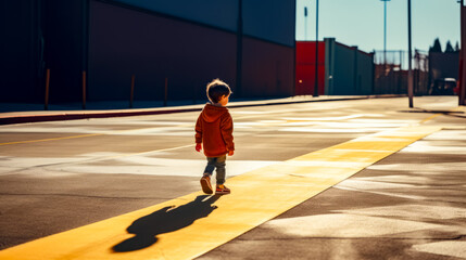 Little boy walking down street next to yellow curb with shadow on it. - obrazy, fototapety, plakaty