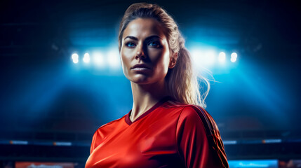Beautiful woman in red soccer uniform posing for photo in stadium.